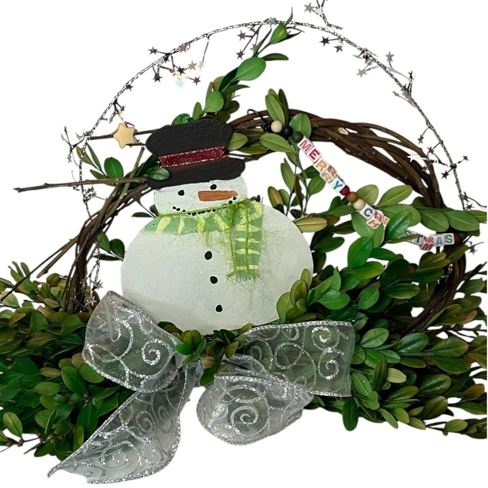 Charming Snowman Wreath with Green and Silver Details